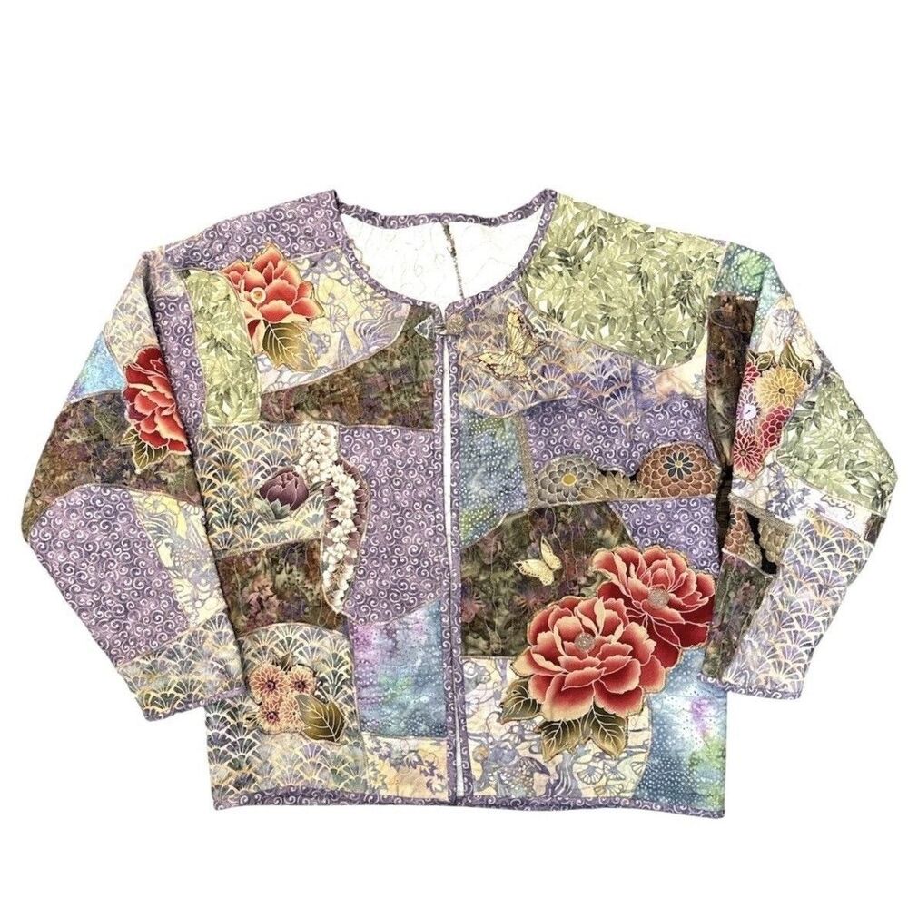Vintage Handmade Quilted Patchwork Jacket Cottagecore Floral Beaded Boho M/L